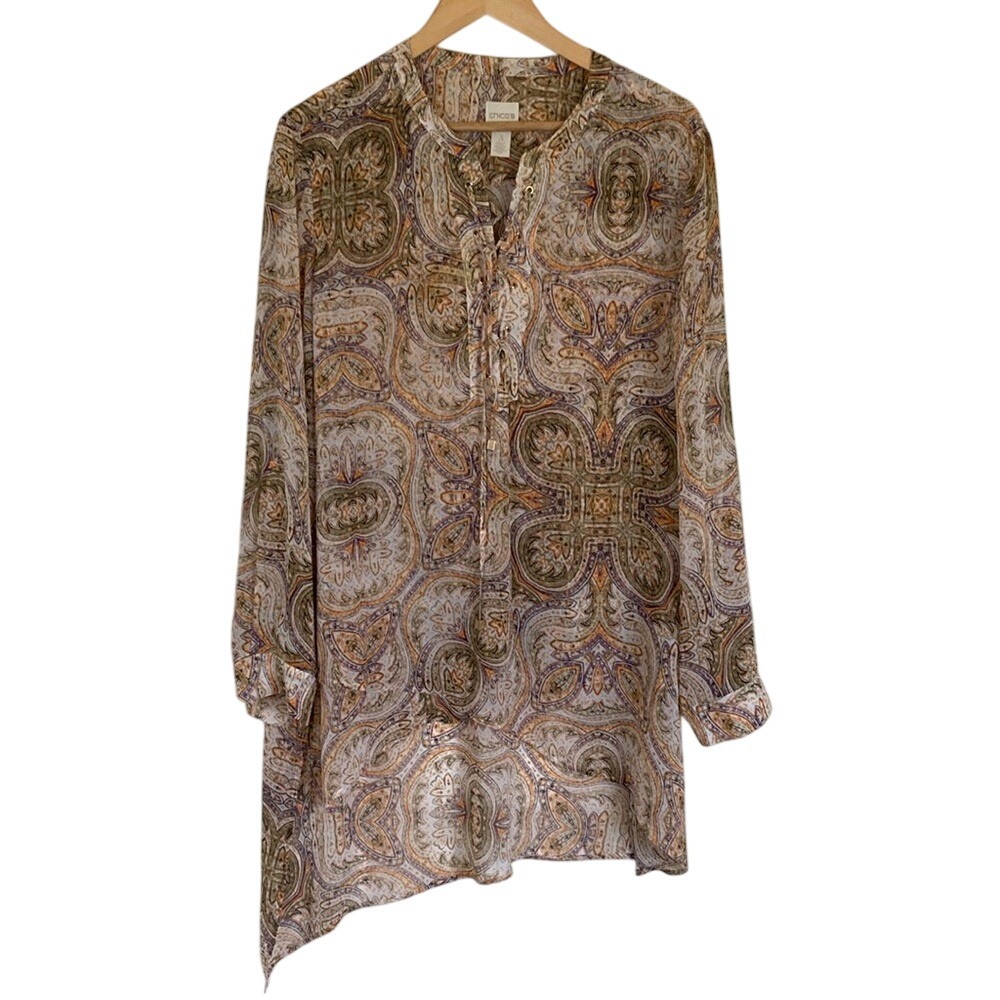 Chicos Womens Paisley Print Asymmetrical Tunic‎ Blouse Size XL Orange Purple